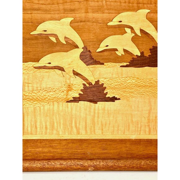 Wooden Marquetry Inlay Four Jumping Dolphins Wall Hanging 15 x 12 Inches - Picture 3 of 8